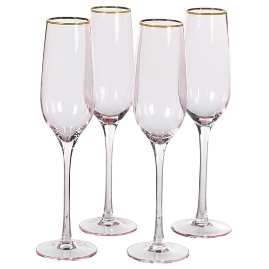 Set of 4 Pink Champagne Flutes with Gold Rim