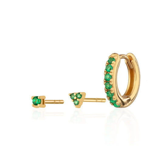 Green Stone Trinity Set of Three Earrings - Gold Plated